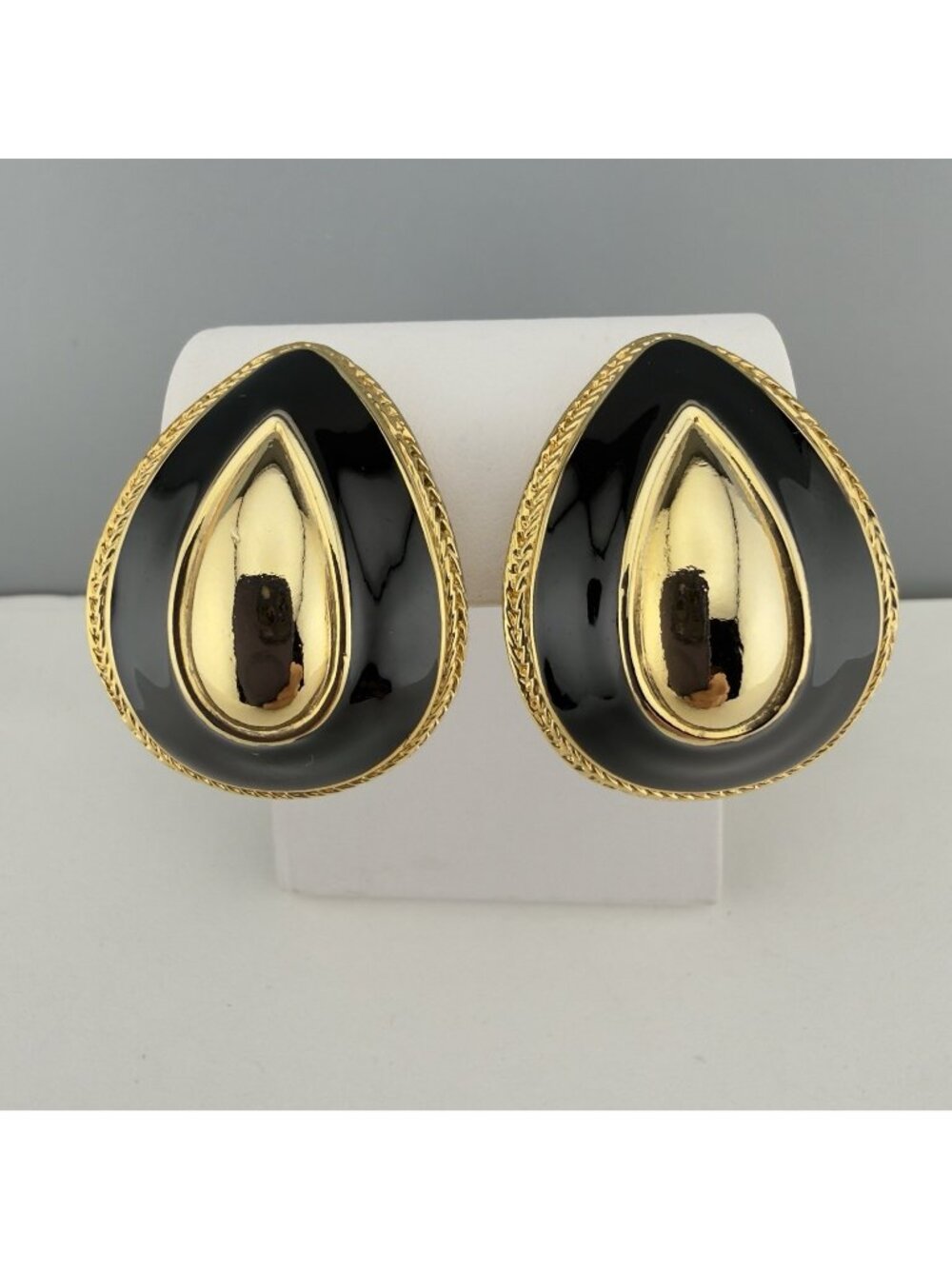 Vintage Earrings Gold Tone Black Enamel Clip On 1980’s Statement Heavy Teardrop